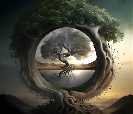 A great tree whose trunk and roots form a circle framing a smaller tree reflected in still water