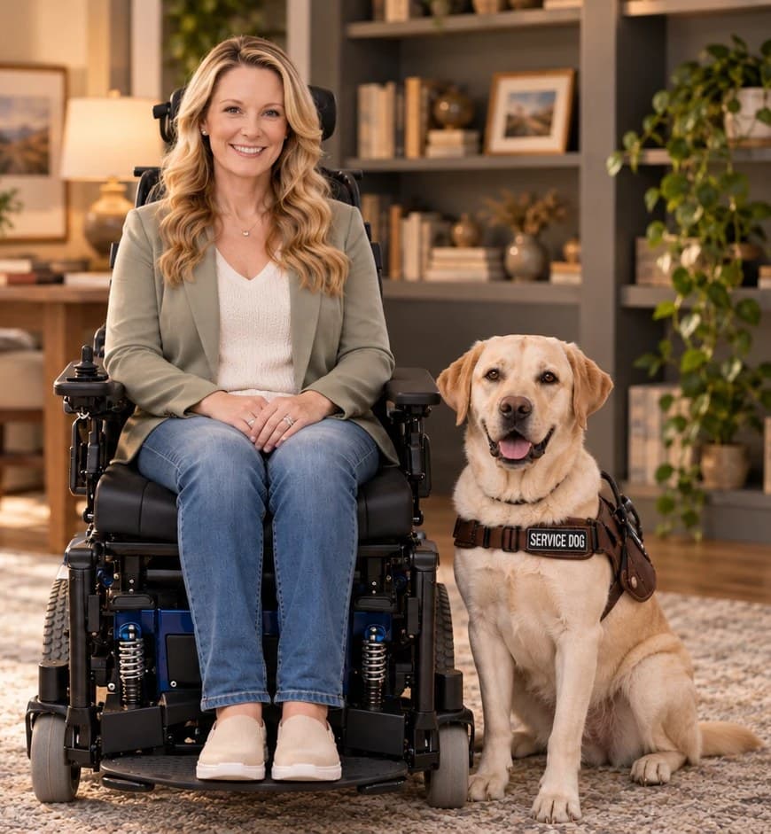 AmiLynne “Babs” Carroll smiling in her sunlit home office, with her service dog, Beau, sitting beside her
