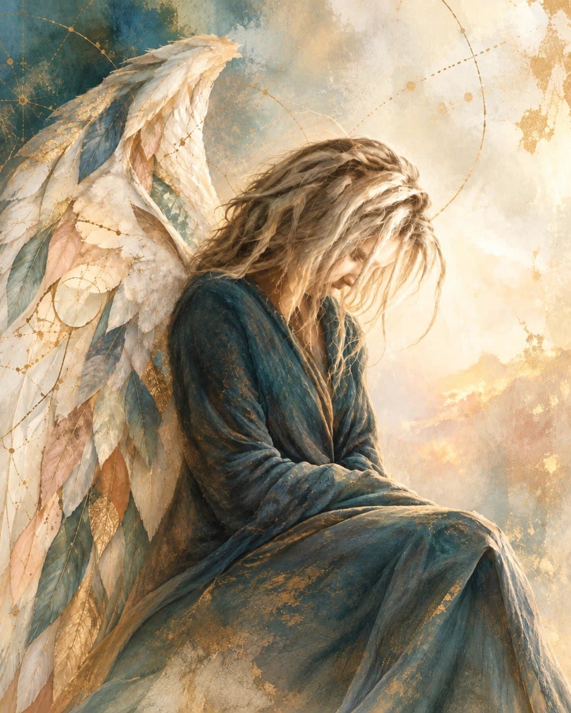 A winged woman in a deep teal robe sits with her head bowed, wrapped in soft gold light and fine constellation lines