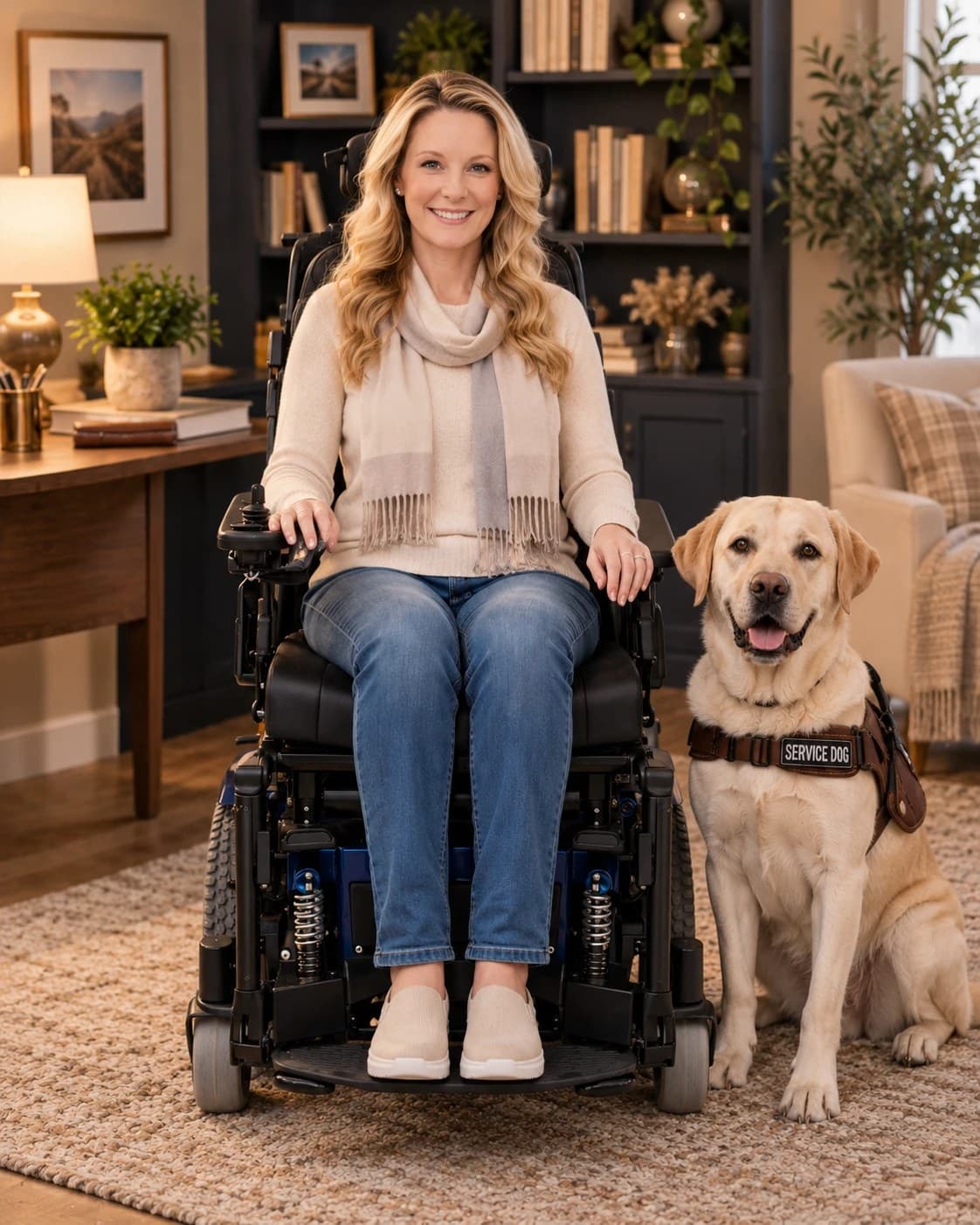 AmiLynne “Babs” Carroll in her home office, with her service dog, Beau, beside her