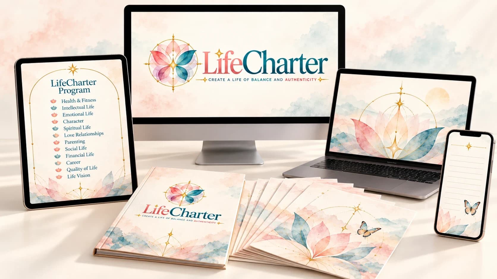 The LifeCharter Program on a desktop, laptop, tablet and phone, with printed workbooks listing the 12 dimensions