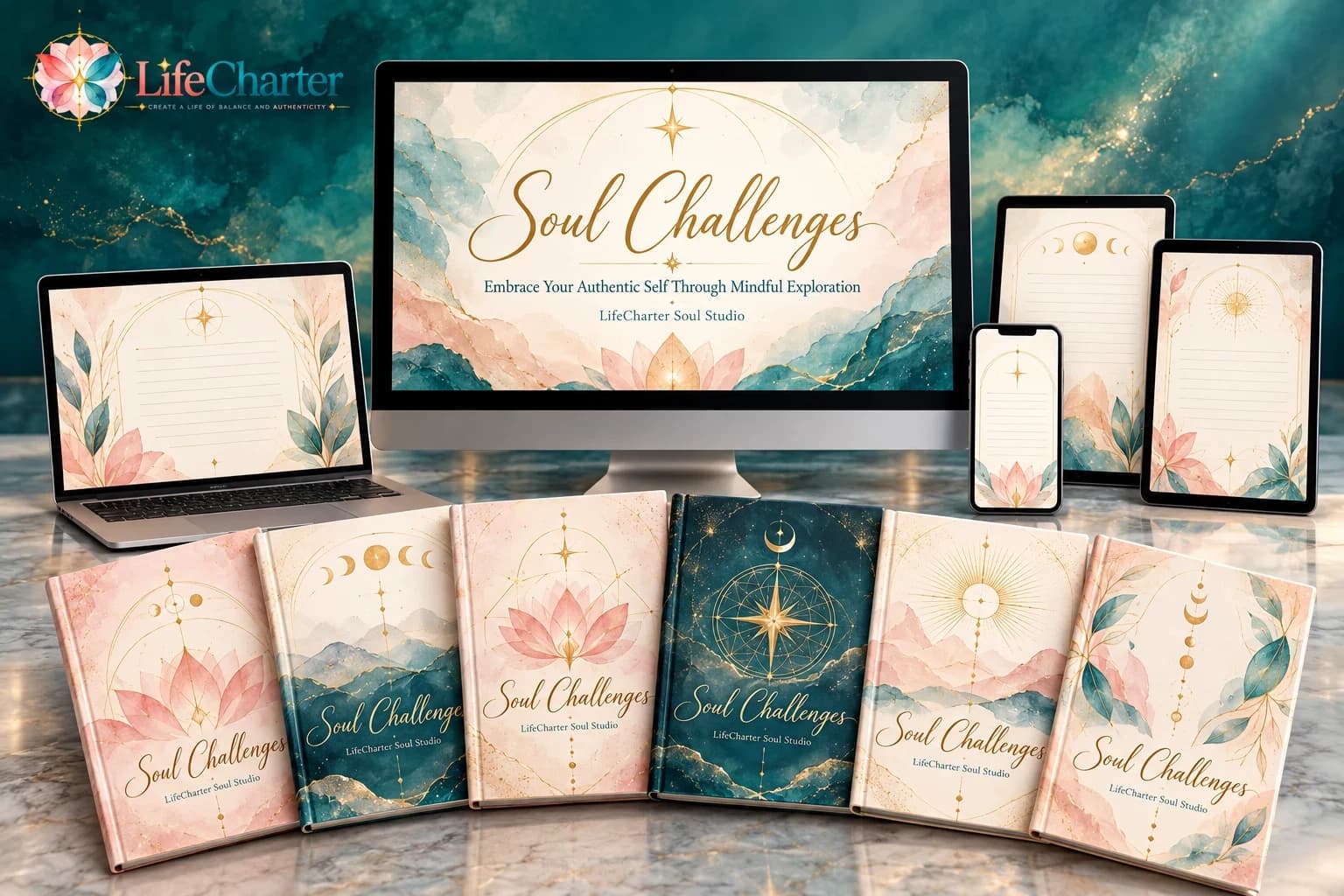 Soul Challenges journals from LifeCharter Soul Studio on a desktop, laptop, tablets and phone, with six printed covers
