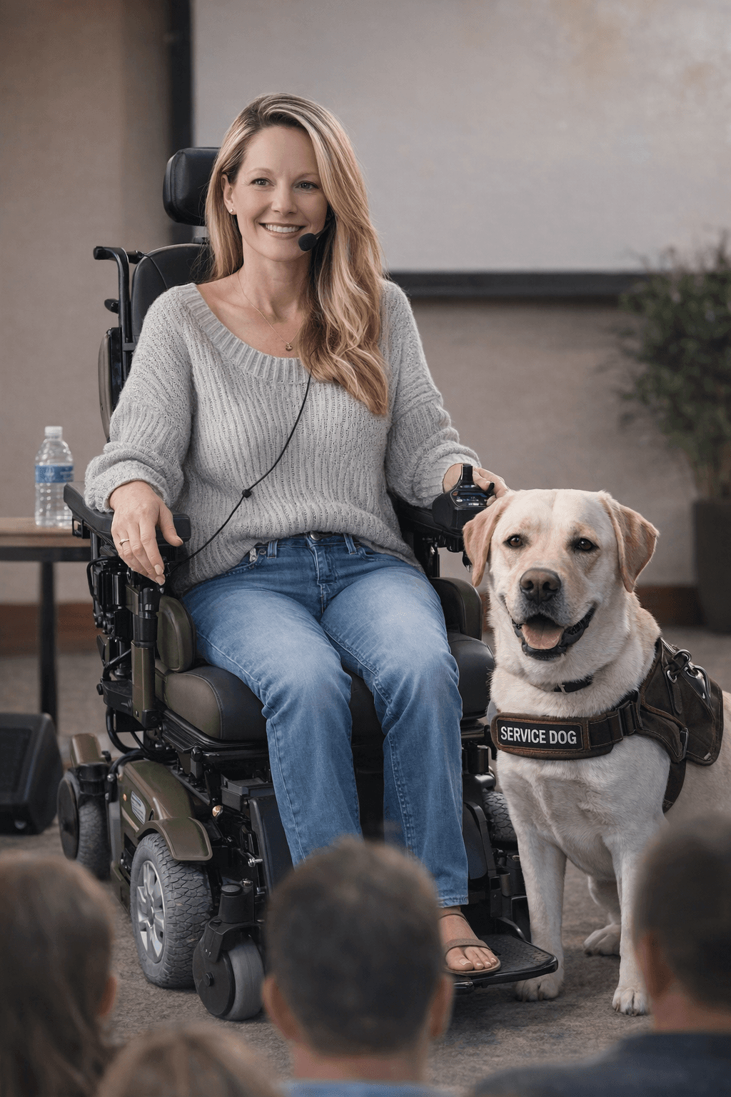 AmiLynne “Babs” Carroll speaking to a group from her wheelchair, with her service dog, Beau, beside her