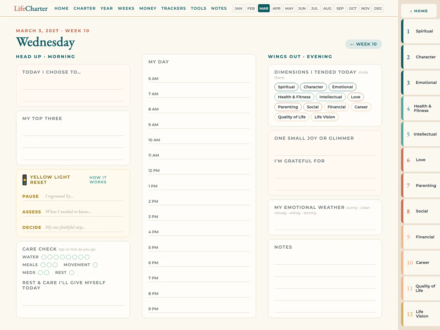 A daily page from the LifeCharter Life Planner