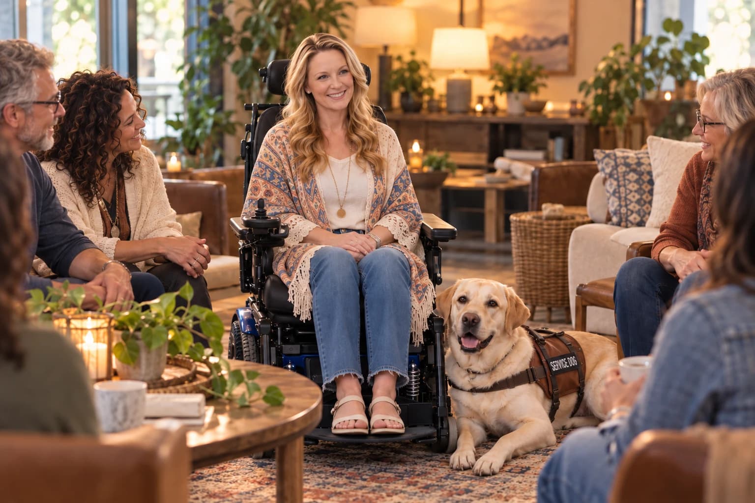 Babs in her wheelchair with her service dog Beau, smiling with a circle of SOUL Sessions members in a warm, candlelit living room